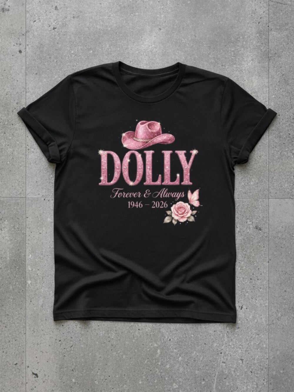 Dolly Forever & Always Pink Cowboy Hat Graphic T-Shirt Black Country Music Tee